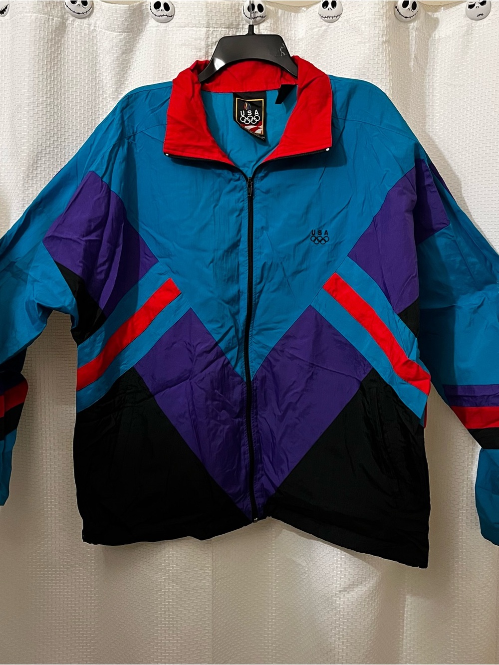 Vintage USA Olympic Windbreaker Jacket Size L Turquoise Purple Red Track Jacket